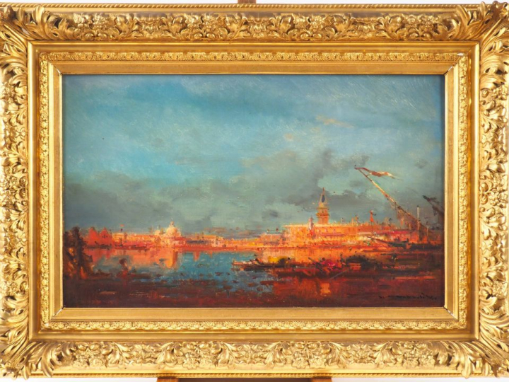 Henri DUVIEUX. "Vue de Venise". Huile sur toile, signée en bas à droit