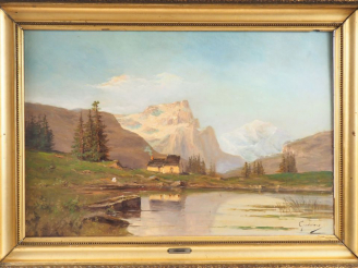 Vente aux enchères GODCHAUX. "Lac des Pyrénées". Huile sur toile signée en bas à droite. 