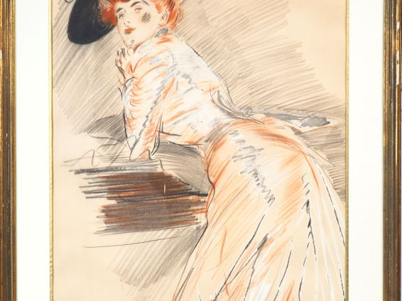 Paul César HELLEU. "Elégante au chapeau". Dessin aux trois crayons, si