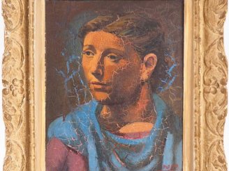 Vente aux enchères MAYO. "Portrait de jeune femme à la robe bleue". Huile sur isorel, sig