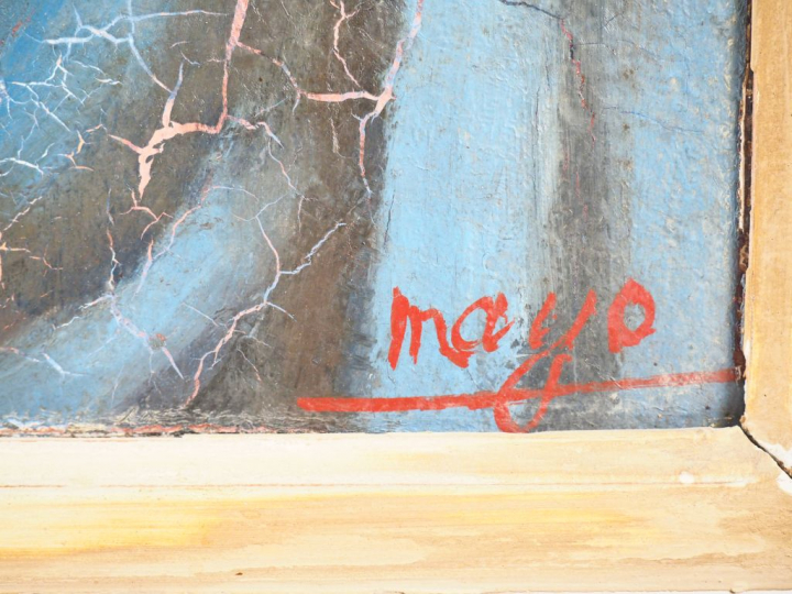 MAYO. "Portrait de jeune femme à la robe bleue". Huile sur isorel, sig