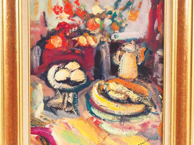 Joseph STAMBOULIAN. "Nature morte". Huile sur carton signée en bas à d