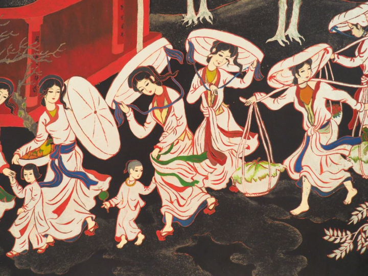 VAN THO. Panneau de laque "couple de mandarins suivis de leur servante