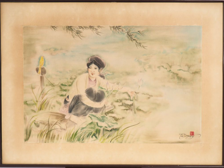 TU DUYEN "Jeune fille cueillant des lotus et écoutant le chant d'un oi