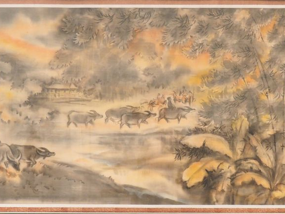 TU DUYEN "Retour au village'.  Aquarelle sur soie, signée en bas à dro