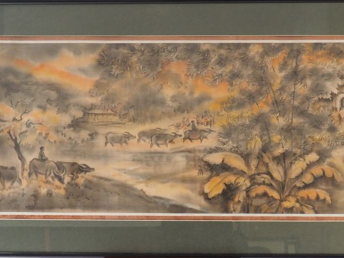 TU DUYEN "Retour au village'.  Aquarelle sur soie, signée en bas à dro