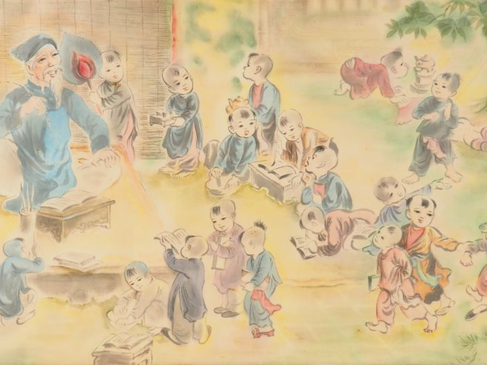 TU DUYEN "La leçon " Aquarelle sur soie, signée en bas à gauche Dim. 4