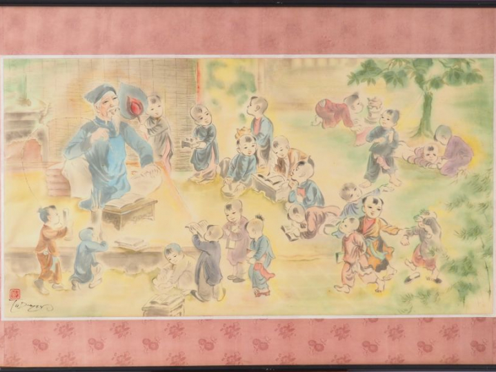 TU DUYEN "La leçon " Aquarelle sur soie, signée en bas à gauche Dim. 4