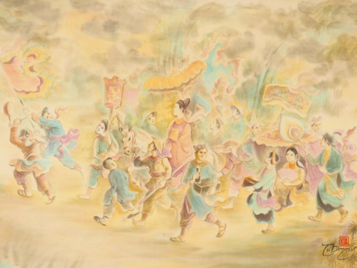 TU DUYEN "l'arrivée du mandarin" Aquarelle sur soie, signée en bas à d