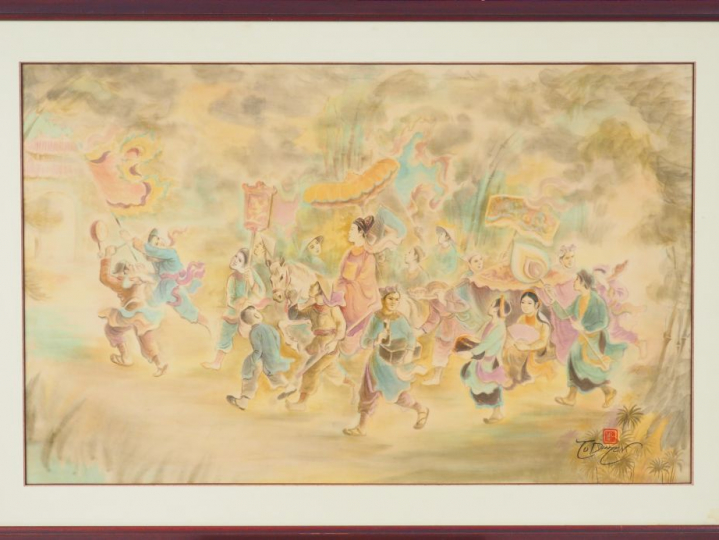 TU DUYEN "l'arrivée du mandarin" Aquarelle sur soie, signée en bas à d