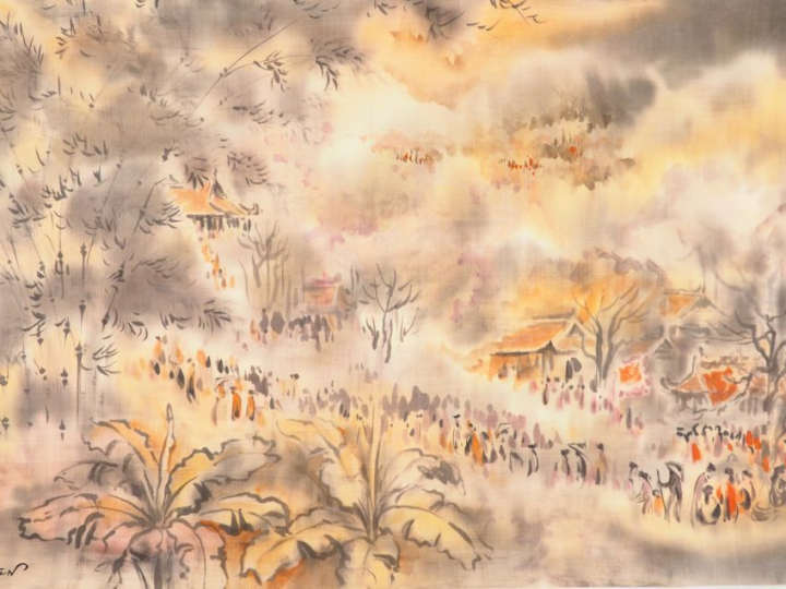 TU DUYEN "la procession".  Aquarelle sur soie, signée en bas à gauche 