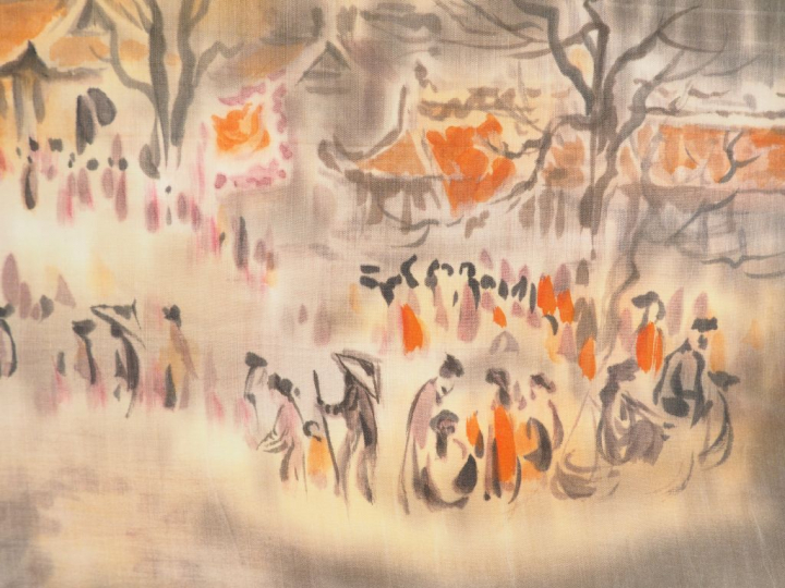 TU DUYEN "la procession".  Aquarelle sur soie, signée en bas à gauche 