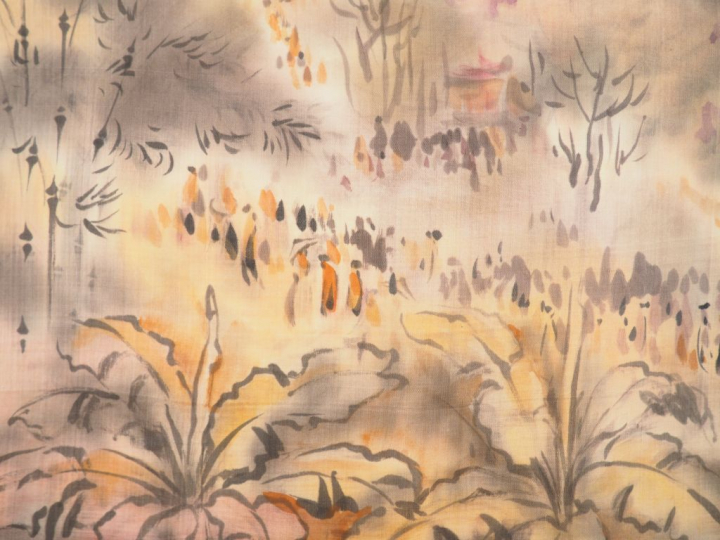 TU DUYEN "la procession".  Aquarelle sur soie, signée en bas à gauche 