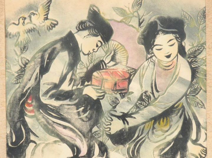 TU DUYEN "Le cadeau" Aquarelle sur soie, signée en bas à droite et dat