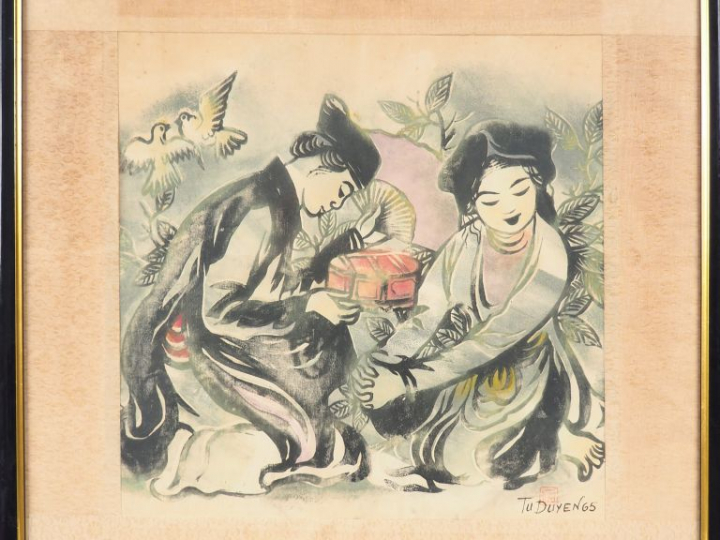 TU DUYEN "Le cadeau" Aquarelle sur soie, signée en bas à droite et dat