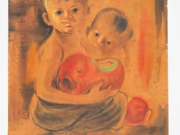 TU DUYEN "les deux frères". Encre et couleur sur soie, datée 68  Dim. 