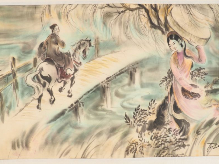 TU DUYEN "La rencontre".  Encre et couleur sur soie, signée en bas à d