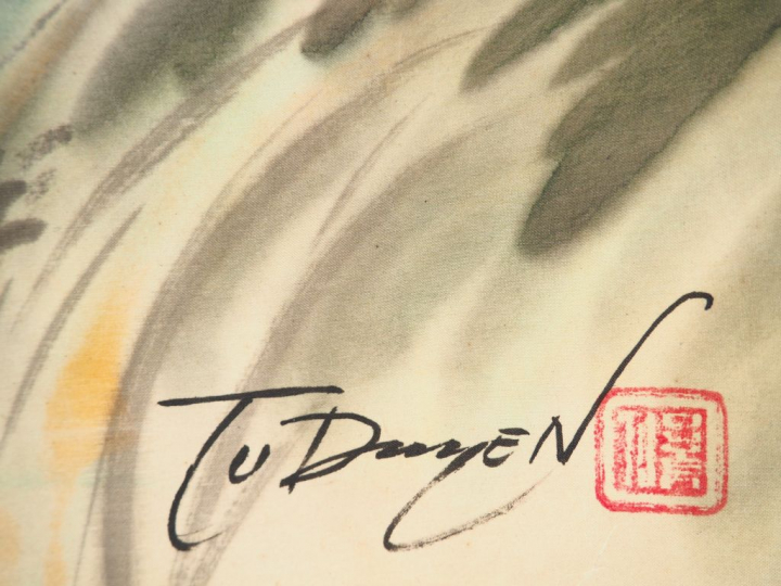 TU DUYEN "La rencontre".  Encre et couleur sur soie, signée en bas à d