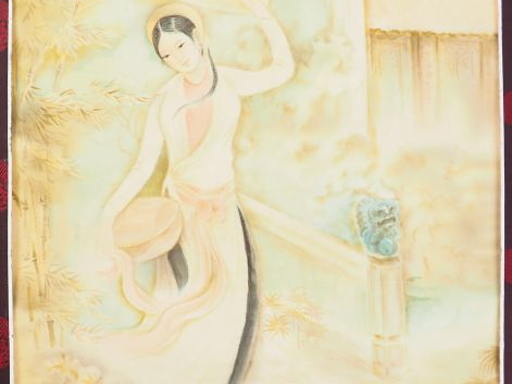 TU DUYEN "le retour du temple". Aquarelle sur soie, signée en bas à dr