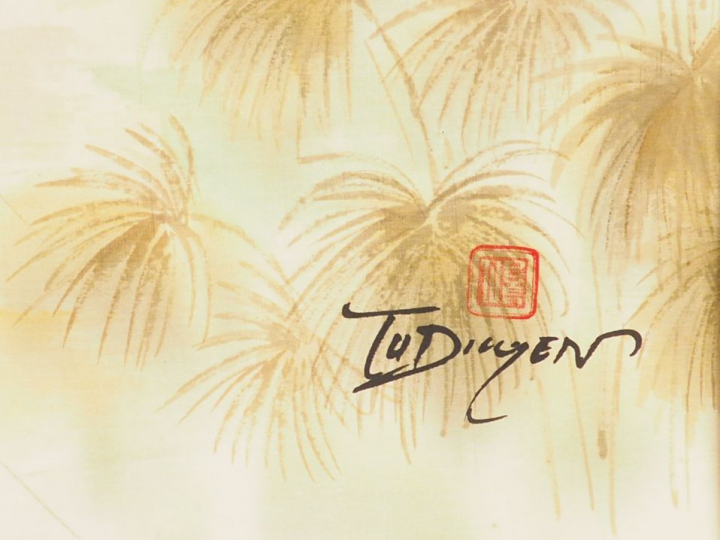 TU DUYEN "le retour du temple". Aquarelle sur soie, signée en bas à dr