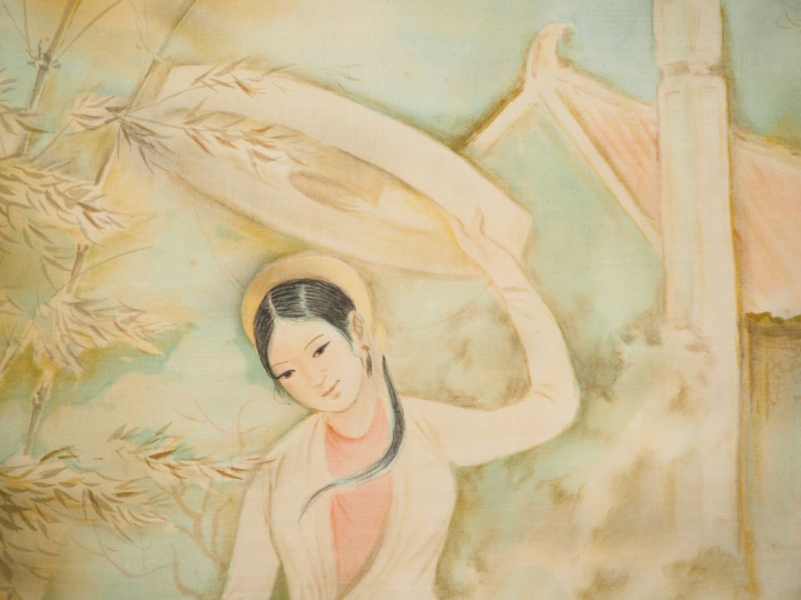 TU DUYEN "le retour du temple". Aquarelle sur soie, signée en bas à dr