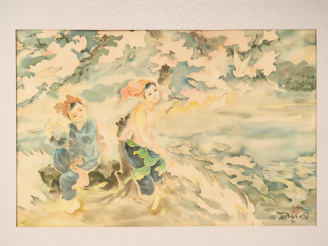 Vente aux enchères TU DUYEN "Joueur de flute avec une jeune fille"  Aquarelle sur soie, s