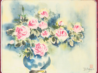 Vente aux enchères TU DUYEN "Bouquet de roses dans un vase" Aquarelle sur soie, signée en