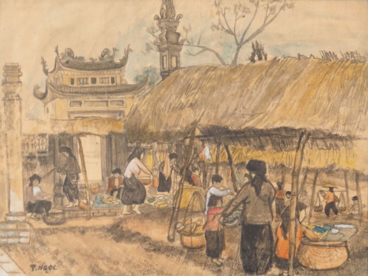T NGOC  "Scène de marché" Encre et couleur sur papier, signée en bas à