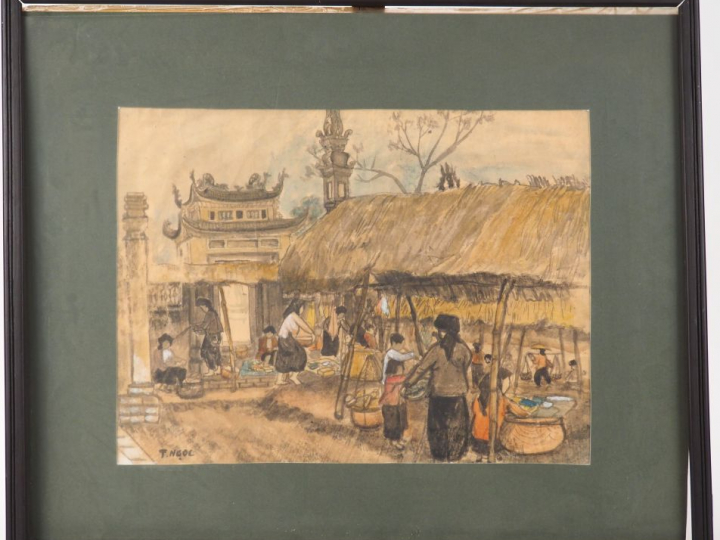 T NGOC  "Scène de marché" Encre et couleur sur papier, signée en bas à