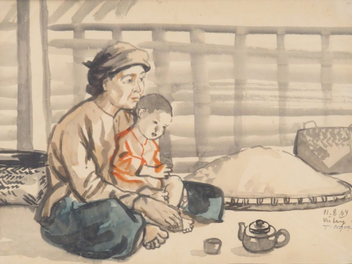 T NGOC  "Marchande et son fils". Aquarelle sur papier, signée en bas d