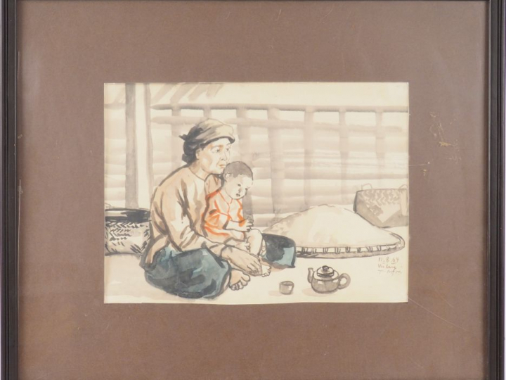 T NGOC  "Marchande et son fils". Aquarelle sur papier, signée en bas d