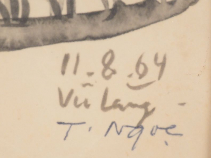 T NGOC  "Marchande et son fils". Aquarelle sur papier, signée en bas d