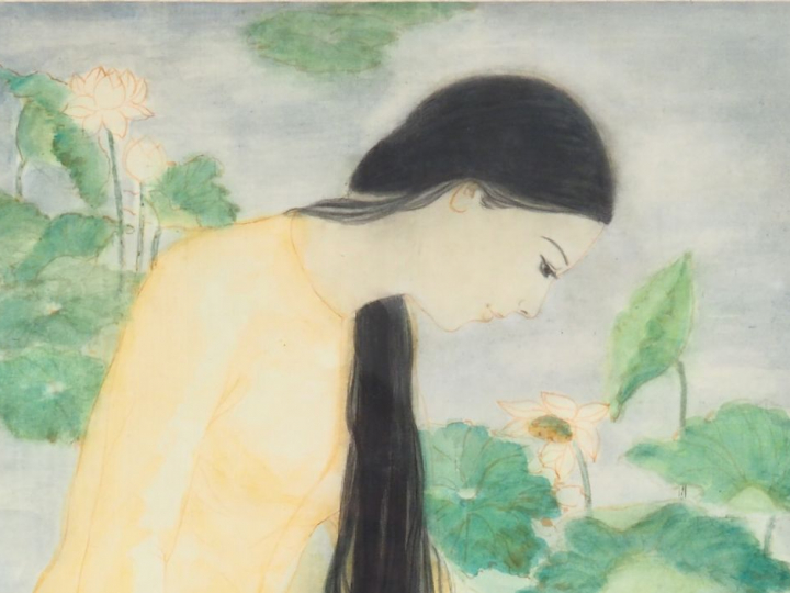 HOANG.  Ecole vietnamienne "Jeune femme admirant le lotus" Aquarelle s
