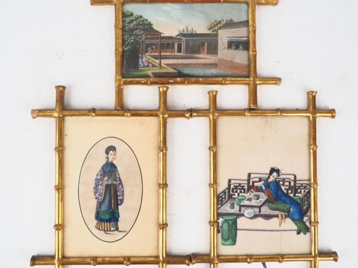 Trois gouaches de Canton sur papier de riz représentant des personnage