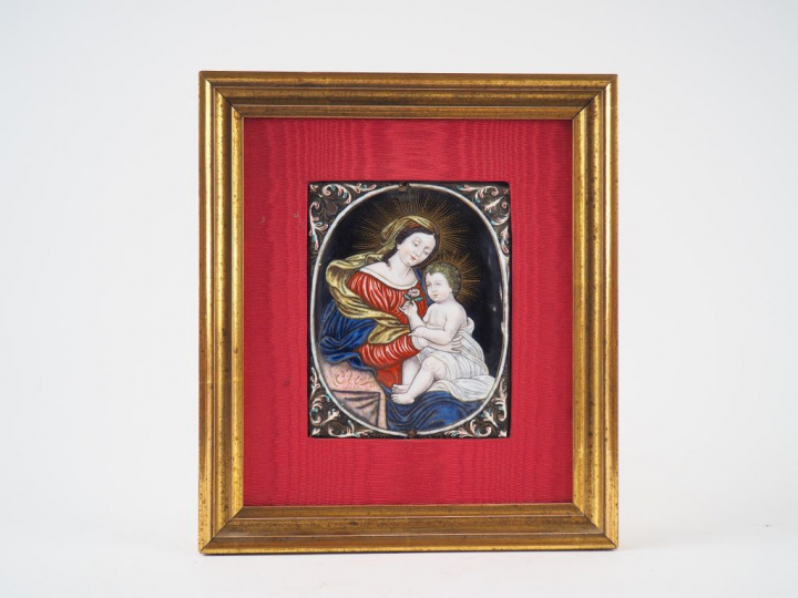 Plaque en émail peint polychrome avec rehauts d’or représentant la Vie