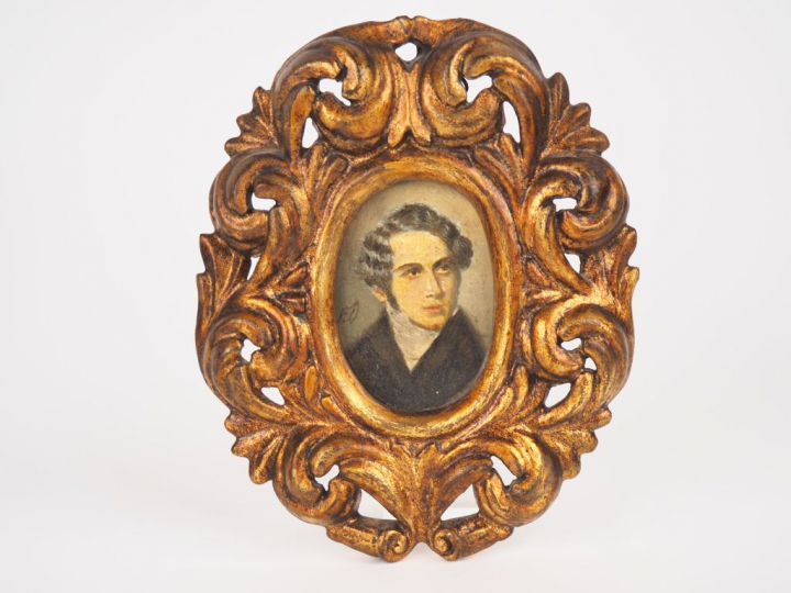 Miniature XIXème "portrait d'homme". Aquarelle monogrammée FD dans son