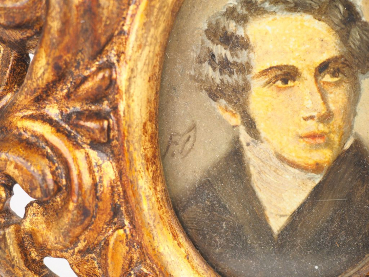 Miniature XIXème "portrait d'homme". Aquarelle monogrammée FD dans son