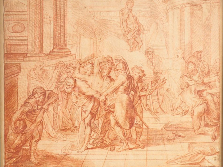 Antoine DIEU (1662-1727) "Persécution d'un Saint" Sanguine, annoté sur