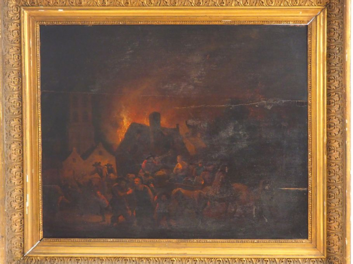 Egbert van der POEL. (attribué à) "L'incendie du village". Huile sur p