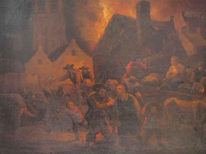 Egbert van der POEL. (attribué à) "L'incendie du village". Huile sur p