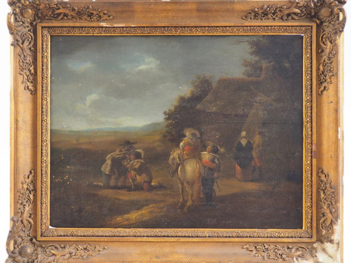 Ecole Flamande XVIIème. "Cavalier et joueurs de cartes" Huile sur pann