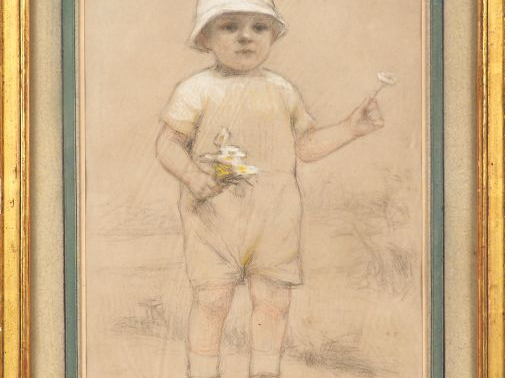 Ecole française Xxème. "Garçon portant des fleurs". Dessin rehaussé mo