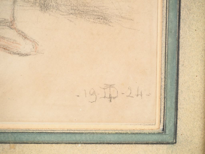 Ecole française Xxème. "Garçon portant des fleurs". Dessin rehaussé mo