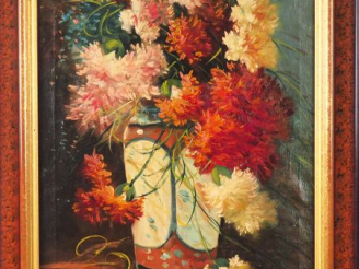 Vente aux enchères R. ALARY  "Bouquet de tokyos". Huile sur toile signée en bas à droite 