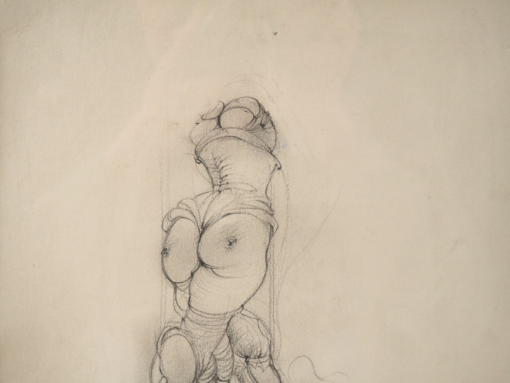 Hans BELLMER  "Etude pour la poupée". Dessin au crayon, signé en bas à