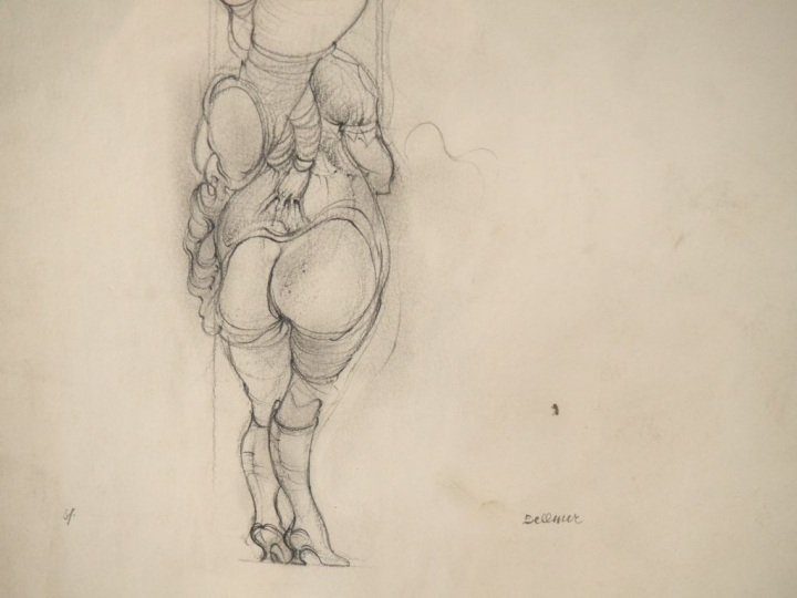 Hans BELLMER  "Etude pour la poupée". Dessin au crayon, signé en bas à