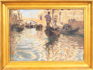 Vente aux enchères Arthur CALAME. "Gondoles à Venise". Huile sur carton, signée en bas à 
