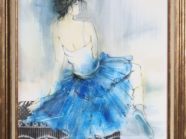 FRANCK L. "Danseuse au tutu bleu". Aquarelle sur papier, signée en bas