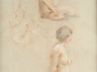 Vente aux enchères S. FREDRIKSEN. "Etude de nus". Dessin aux trois crayons signé en bas à
