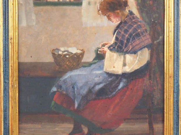 Herman N. HYNEMAN. "Jeune femme à l'ouvrage". Huile sur toile? signée 